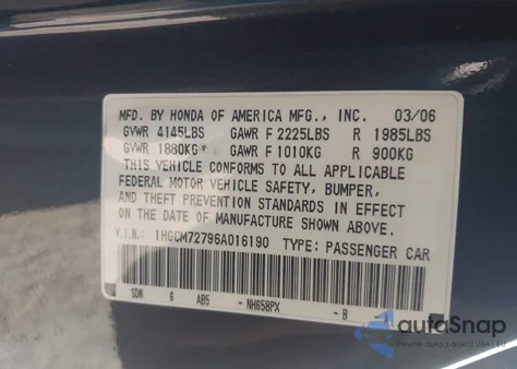 2006 Honda Accord Ex z USA, uszkodzony, nr VIN 1HGCM72796A016190